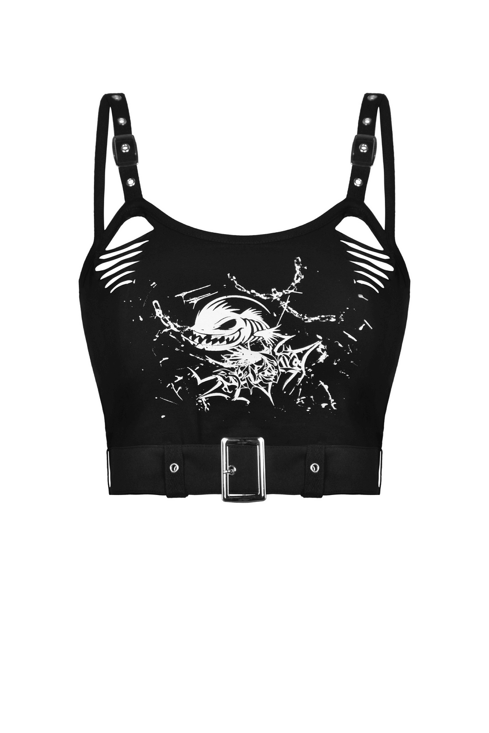 Black skull print crop top with buckle, featuring edgy cut-out details and stretchy fabric for a flattering fit.
