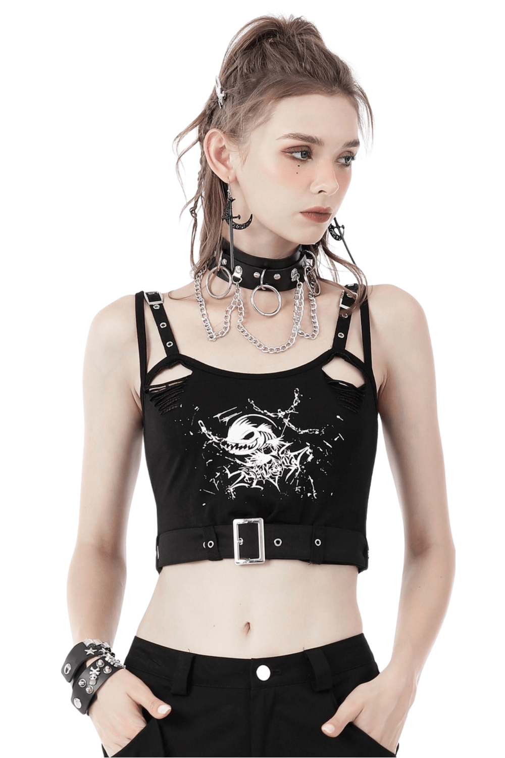 Sexy black skull crop top with buckle, edgy design, perfect for a night out or rock concert.