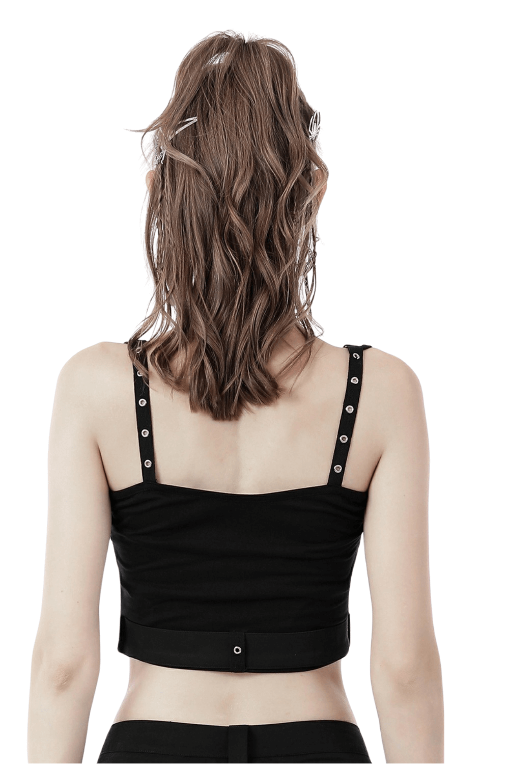 Back view of a black skull print crop top with buckle straps for women, showcasing its stylish design.