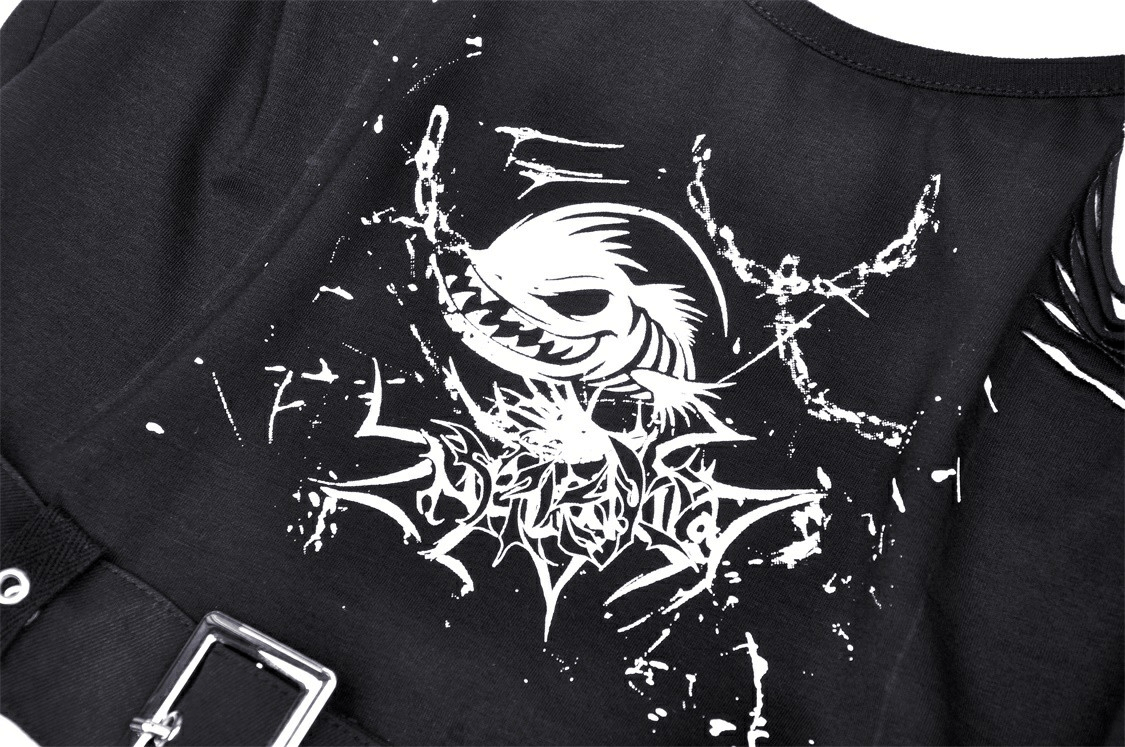 Bold black crop top with edgy skull print and buckle detail, showcasing a gothic style for women.