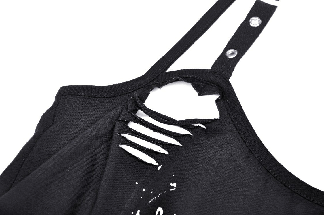 Close-up of a black crop top with edgy cutouts and skull graphic for women, perfect for gothic fashion lovers.