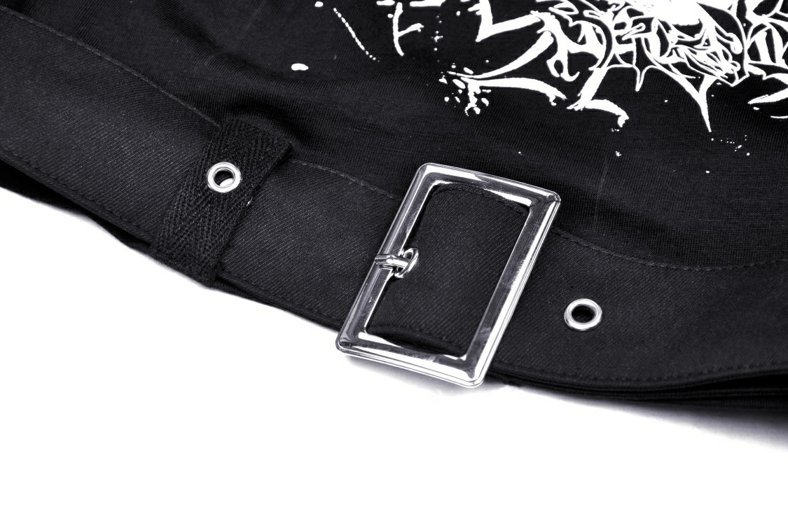 Close-up of buckle detail on a black skull print crop top for women, showcasing gothic style and edgy fashion.