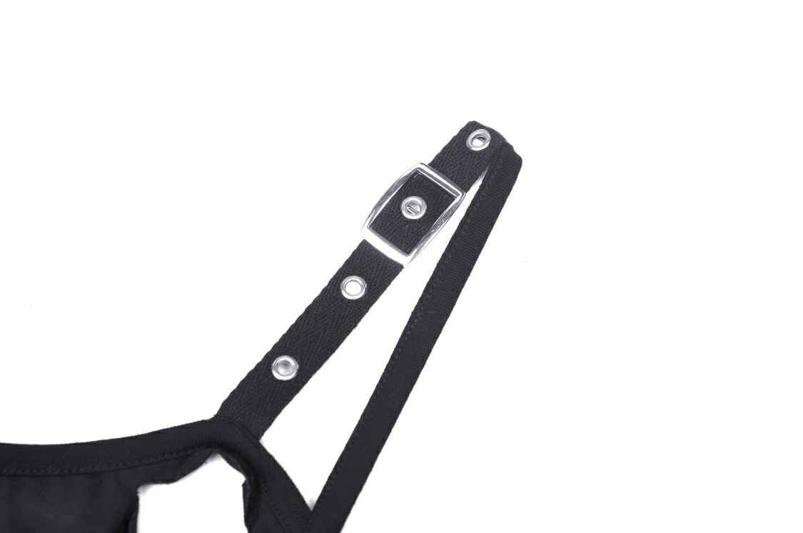 Close-up of the buckle strap detail on a black skull print crop top for women, featuring silver accents.