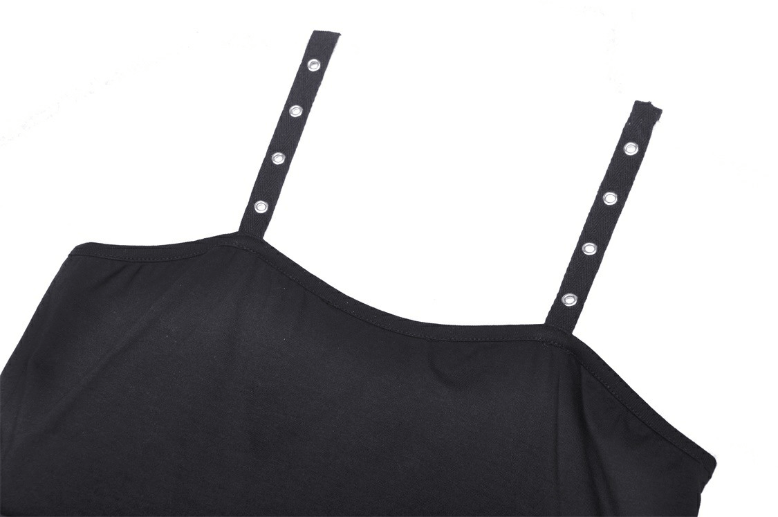 Close-up of sexy black crop top with decorative buckle straps for women, perfect for edgy fashion and gothic style.