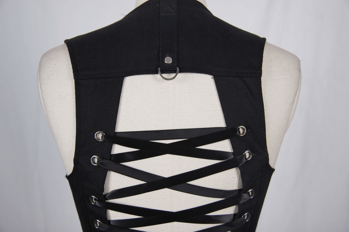 Gothic black sleeveless tank top with ribbon lacing detail on the back, showcasing steampunk style features.