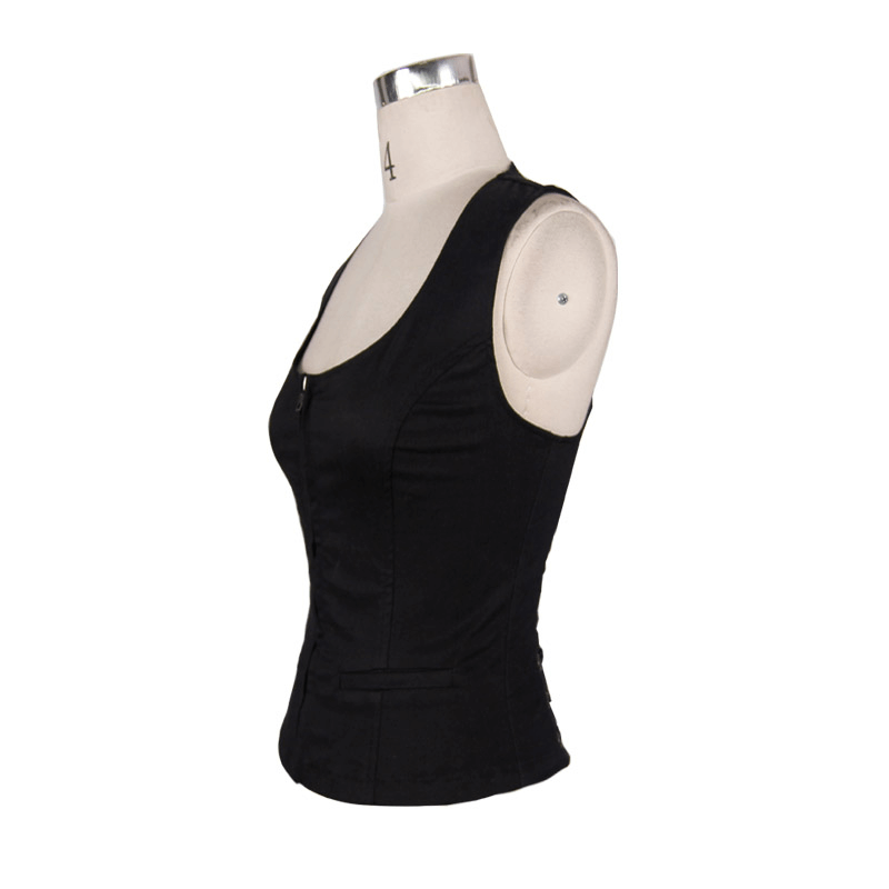 Stylish women's black steampunk sleeveless tank top with zipper, perfect for a form-fitting silhouette.