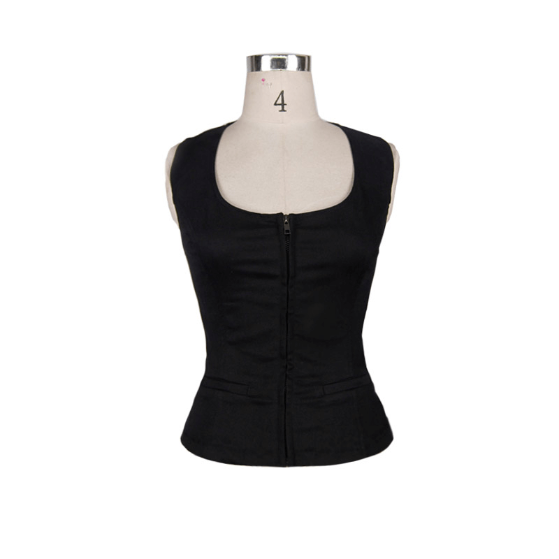 Gothic black sleeveless tank top with zipper and ribbon detailing, perfect for steampunk style fashion.