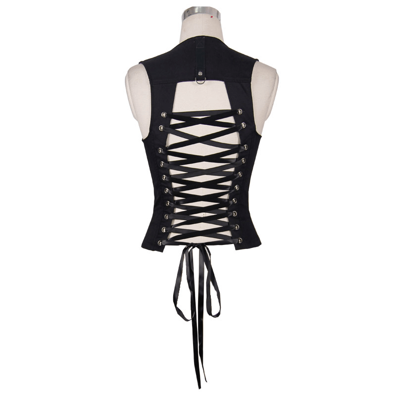 Stylish women's gothic black sleeveless tank top with ribbon and zipper back design, perfect for steampunk fashion.