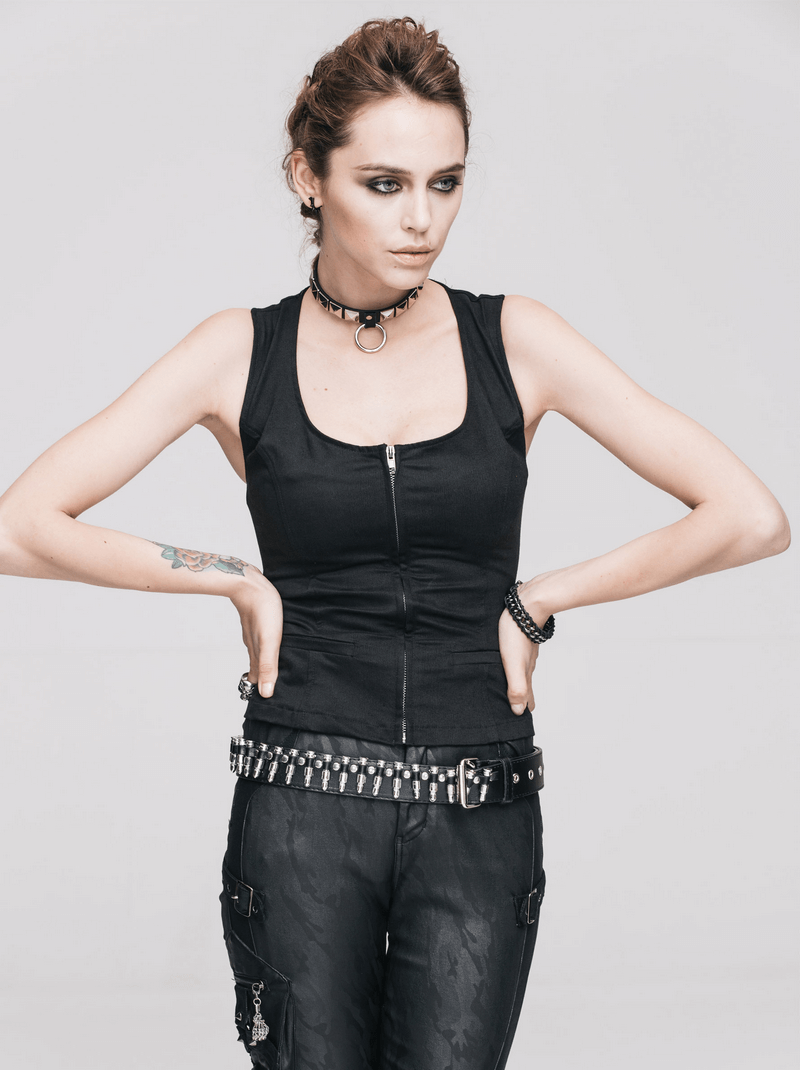 Stylish woman in black sleeveless tank top with zipper and steampunk vibe, perfect for gothic fashion.