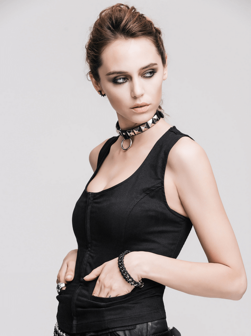 Gothic black sleeveless zipper tank top on stylish model, showcasing steampunk fashion and form-fitting design.