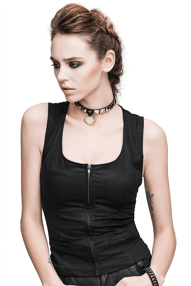 Sexy Sleeveless Tank Top With Ribbon on the Back / Gothic Black Sleeveless Zipper Top - HARD'N'HEAVY