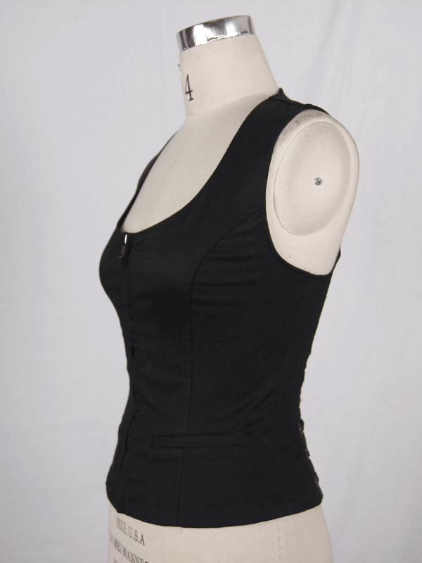 Stylish women's black sleeveless tank top with zipper detail, perfect for a steampunk-inspired wardrobe.