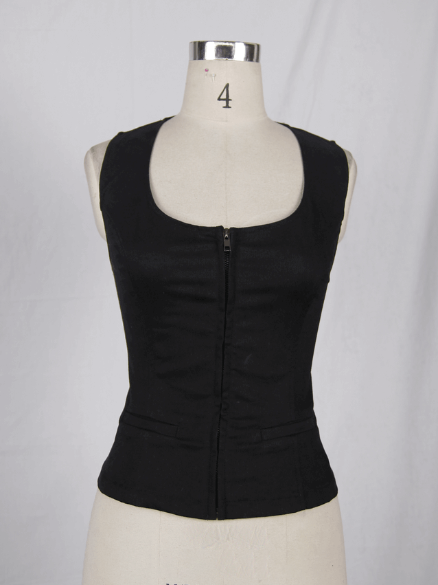 Sleek black sleeveless tank top with zipper, perfect for steampunk style and highlighting your figure.