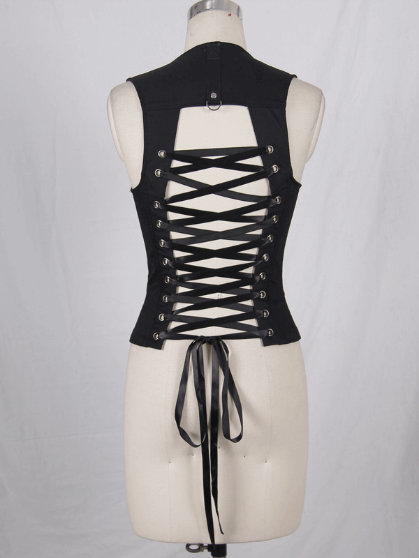 Back view of a sexy black sleeveless tank top with a ribbon and lace-up design, perfect for steampunk style.