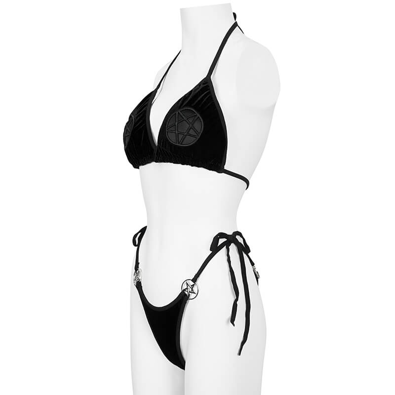 Gothic black velvet bikini with pentagram designs, perfect for alternative summer beachwear.