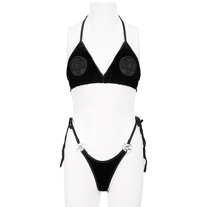 Sexy Stretch Black Velvet Pentagrams Bikini in Gothic Style / Alternative Style Swimwear for Women - HARD'N'HEAVY