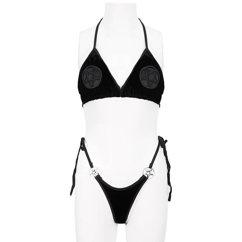 Gothic black velvet bikini with pentagram designs, perfect for alternative beachwear and confident summer styling.
