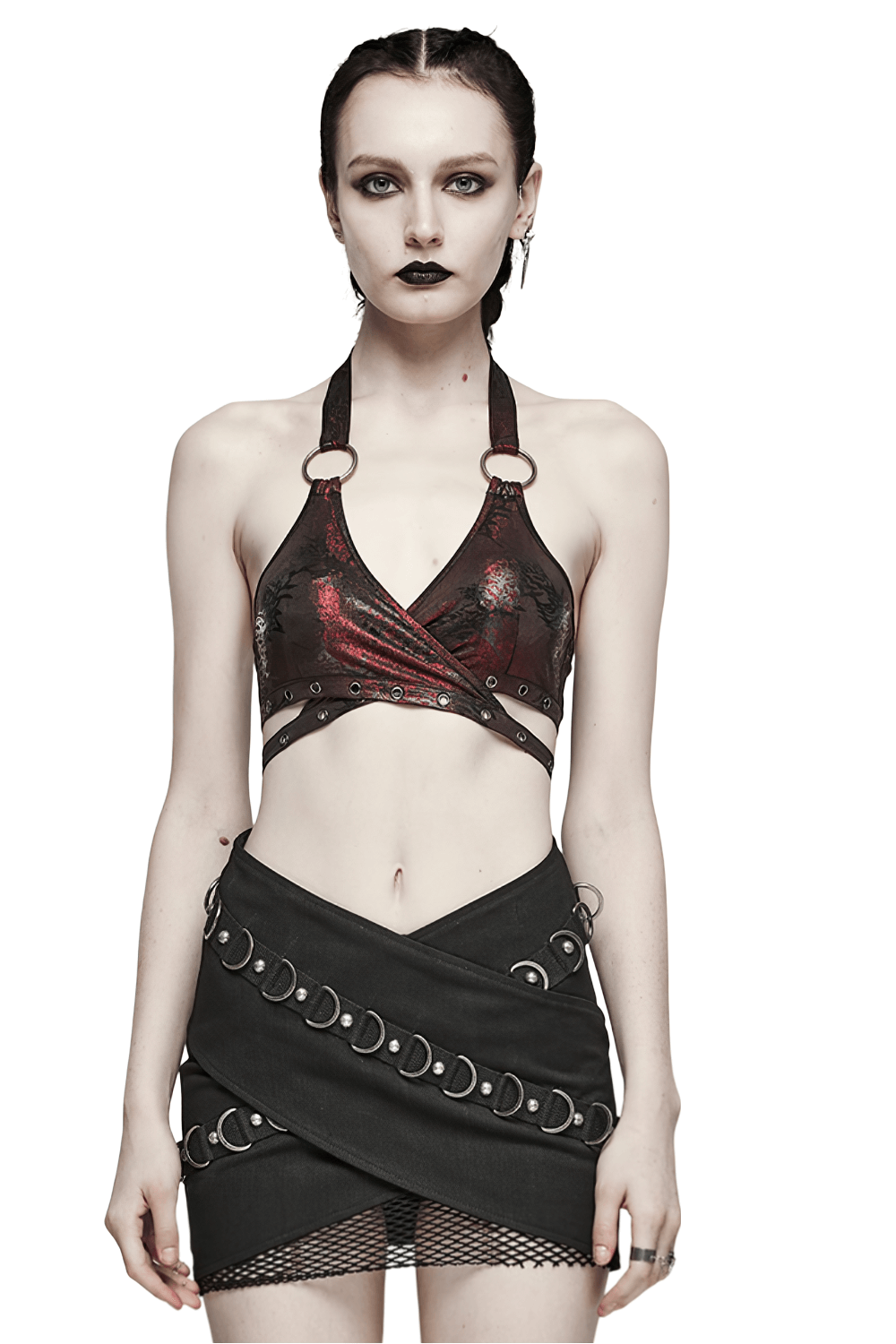 Punk rock halter neck crop top with dragon print in red and black, styled with edgy iron ring details.