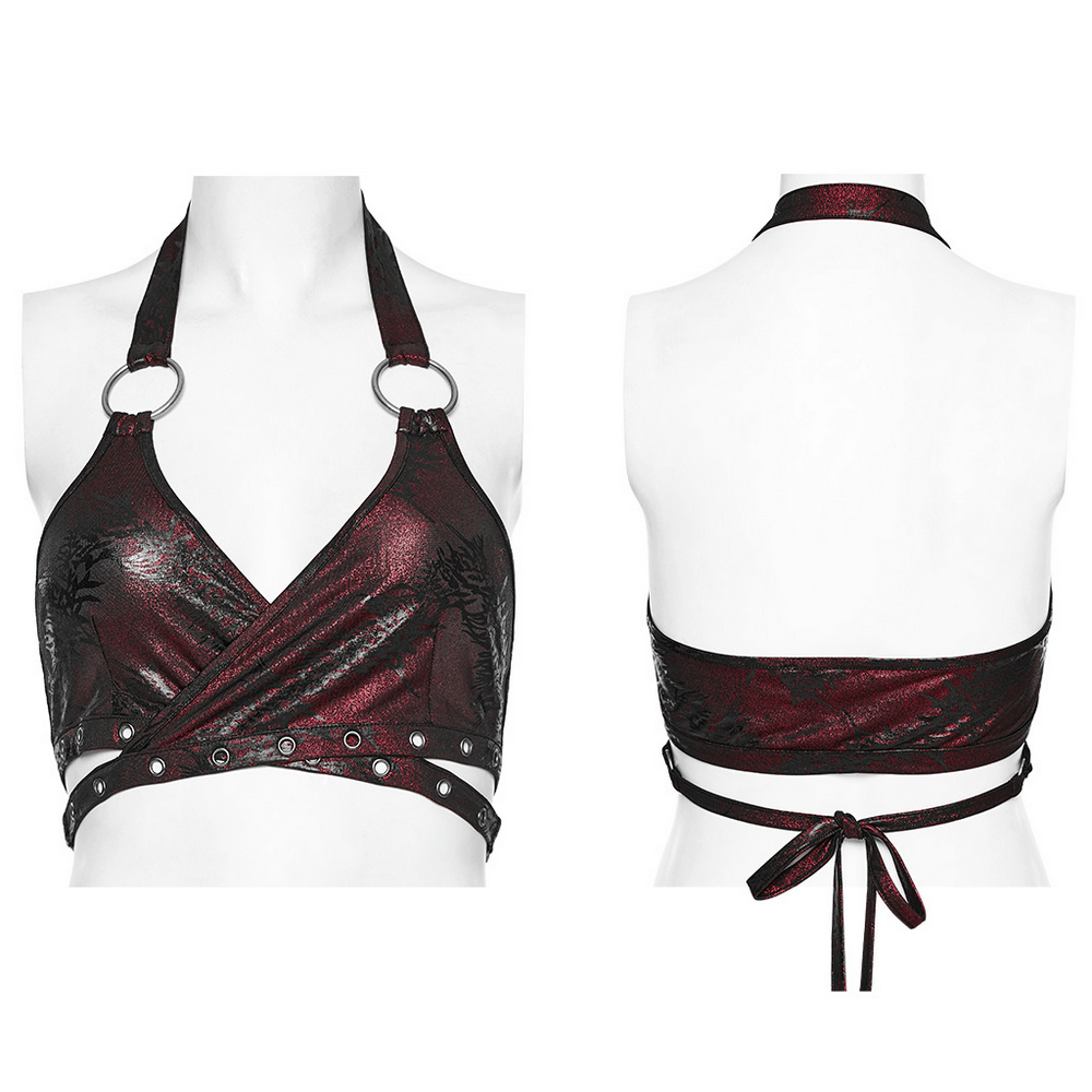 Sexy dragon print halter neck crop top in red and black with edgy iron rings and customizable fit.