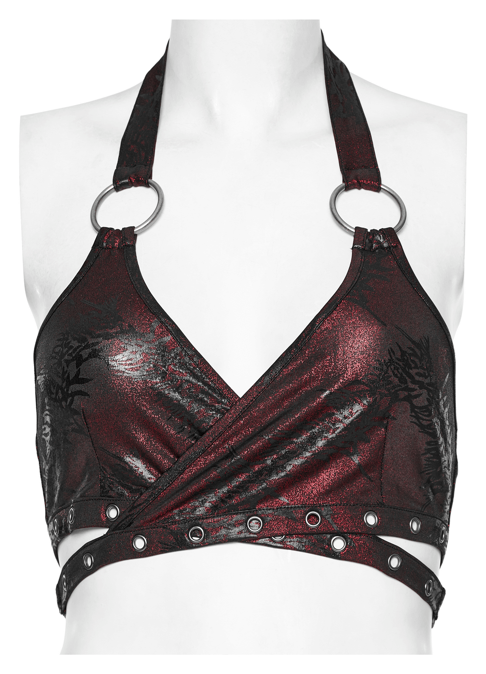Sexy dragon print halter neck crop top with rings, featuring a bold red and black color scheme and edgy design.