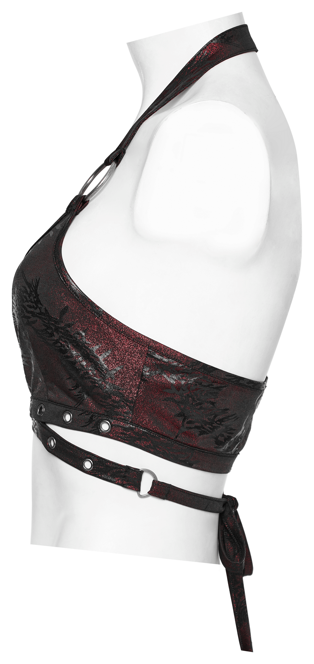 Side view of a sexy stylish dragon print halter neck crop top in red and black with edgy iron rings and tie closure.