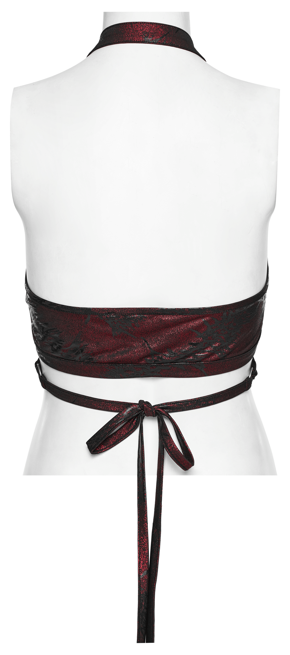 Back view of the sexy dragon print halter neck crop top with tie closure in red and black.