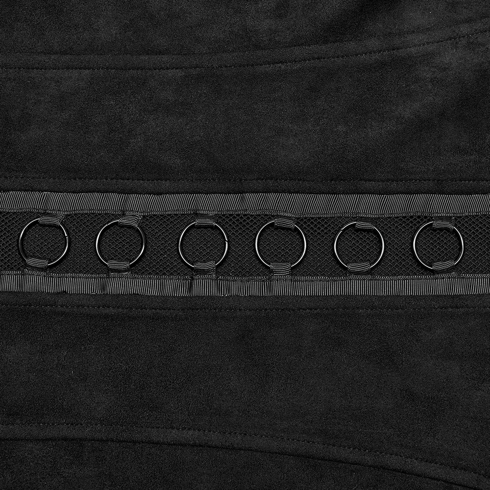 Close-up of the edgy black buckled design on a punk suede vest for men.