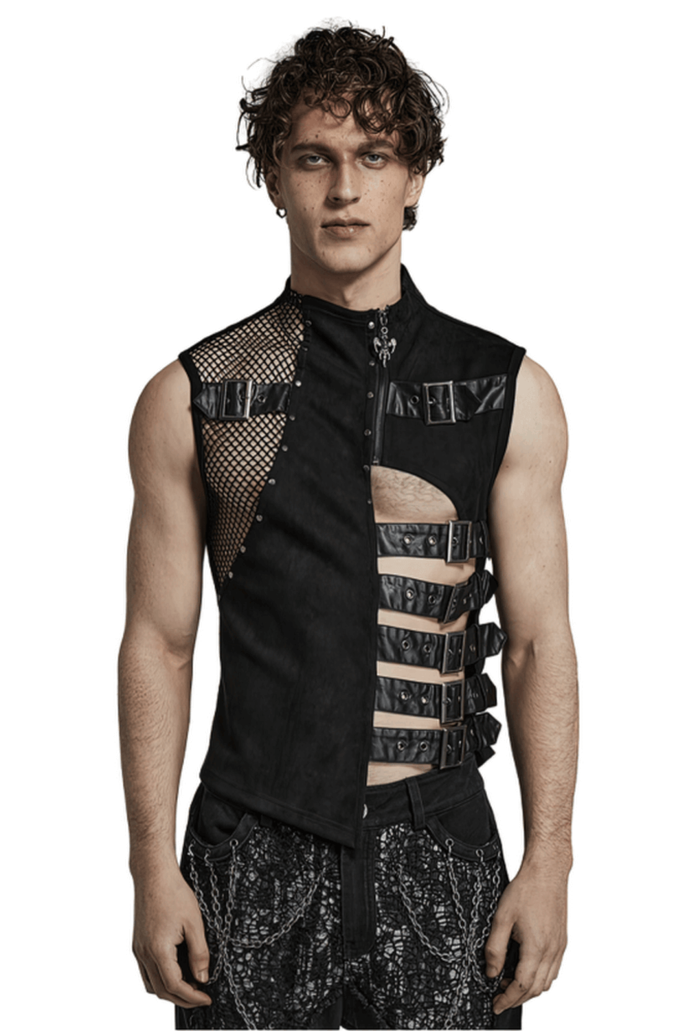 Edgy suede punk vest for men with buckles and hollow mesh design, showcasing bold style and comfort.