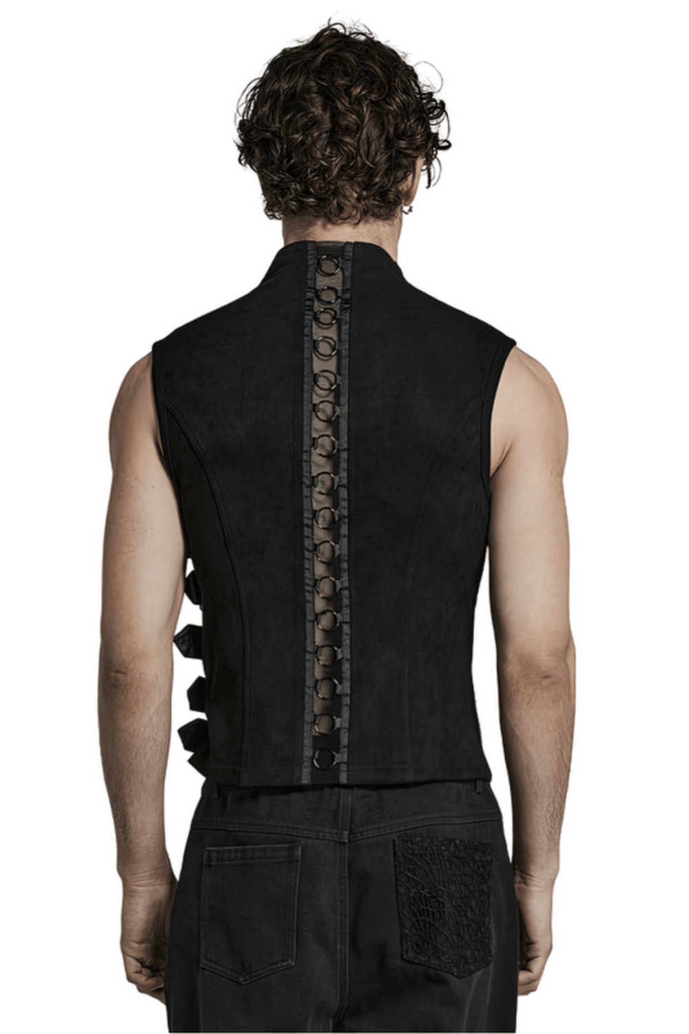 Back view of a stylish black suede punk vest for men featuring unique buckles and a chain design.