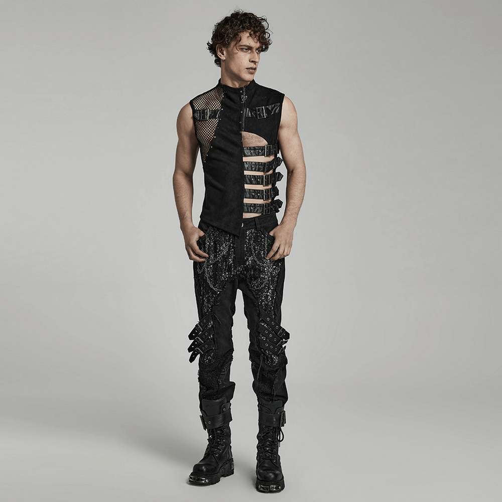 Stylish male model showcasing edgy buckled suede punk vest with mesh accents and bold fashion-forward design.