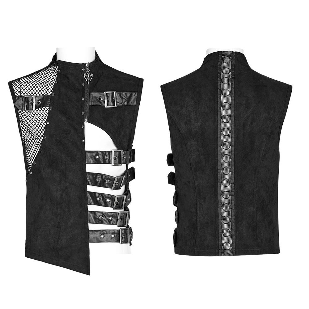 Stylish punk vest for men in black suede with buckles and mesh, showcasing an edgy, fashion-forward design.