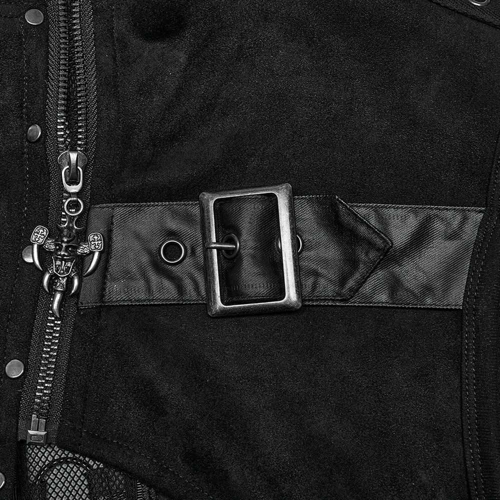 Close-up of a stylish suede punk vest showing buckle and zipper details, perfect for edgy fashion enthusiasts.