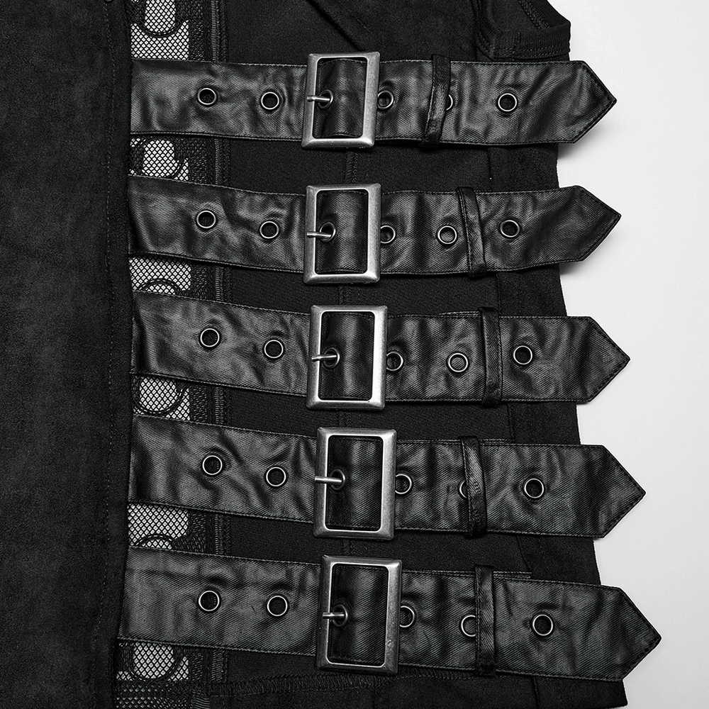 Close-up of buckles on a stylish suede punk vest for men showcasing edgy design and craftsmanship.