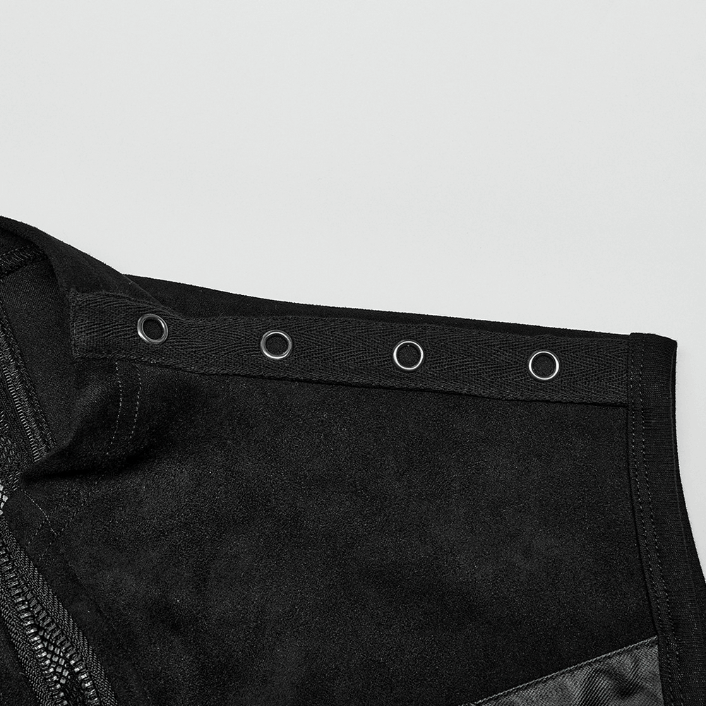 Close-up of edgy suede punk vest showing unique buckled design and adjustable side loops.