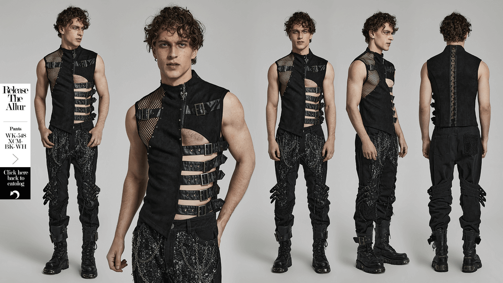 Edgy punk vest for men featuring bold suede, buckles, and unique cutouts, perfect for fashion-forward styles.