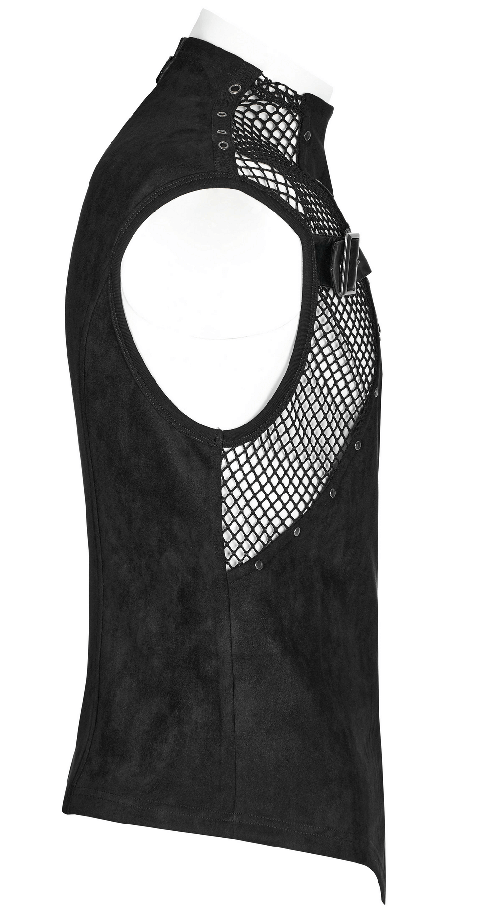 Edgy black suede punk vest for men featuring a stylish mesh design and bold buckles.