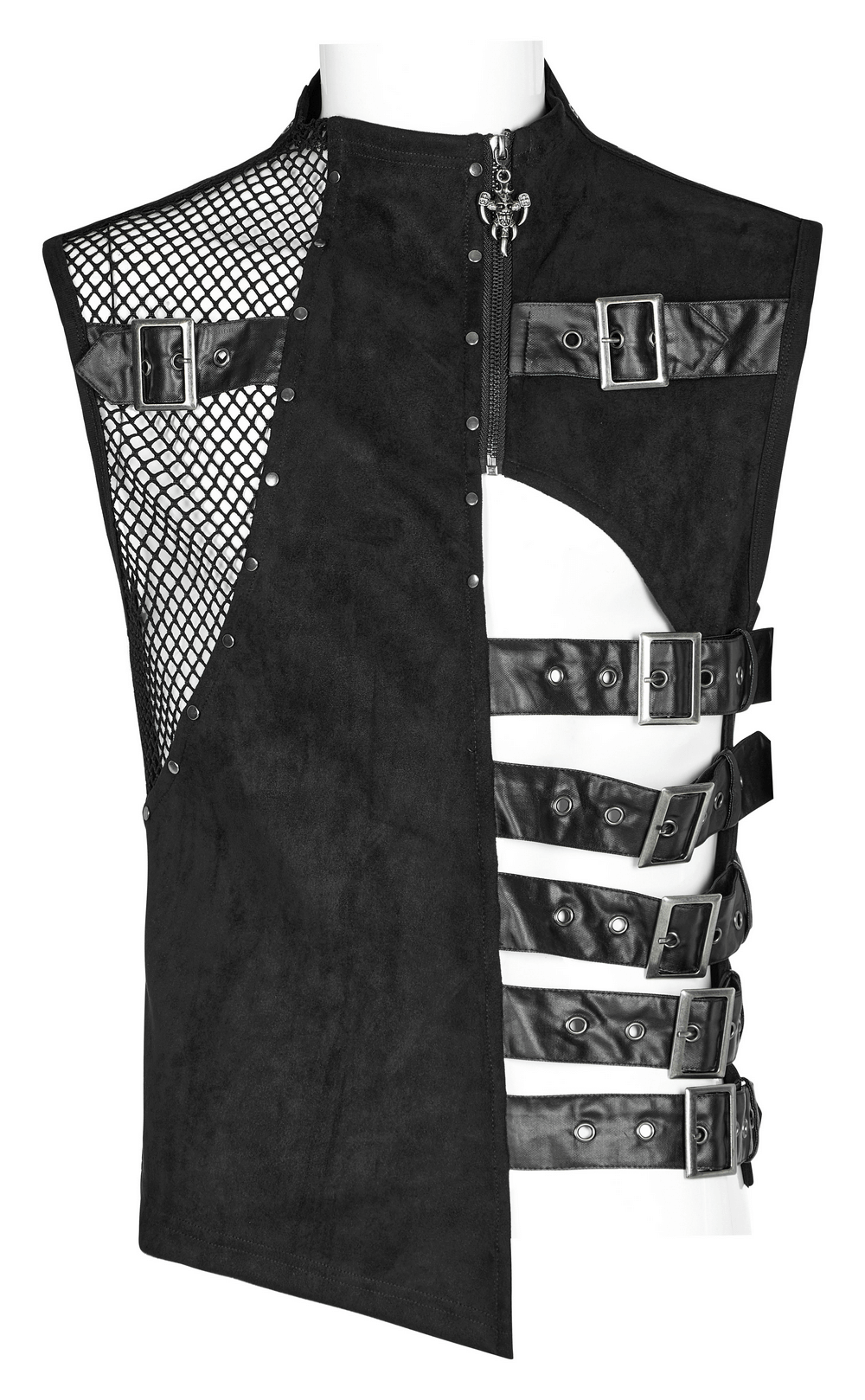 Stylish edgy suede punk vest for men with buckles and mesh detailing, perfect for bold fashion statements.