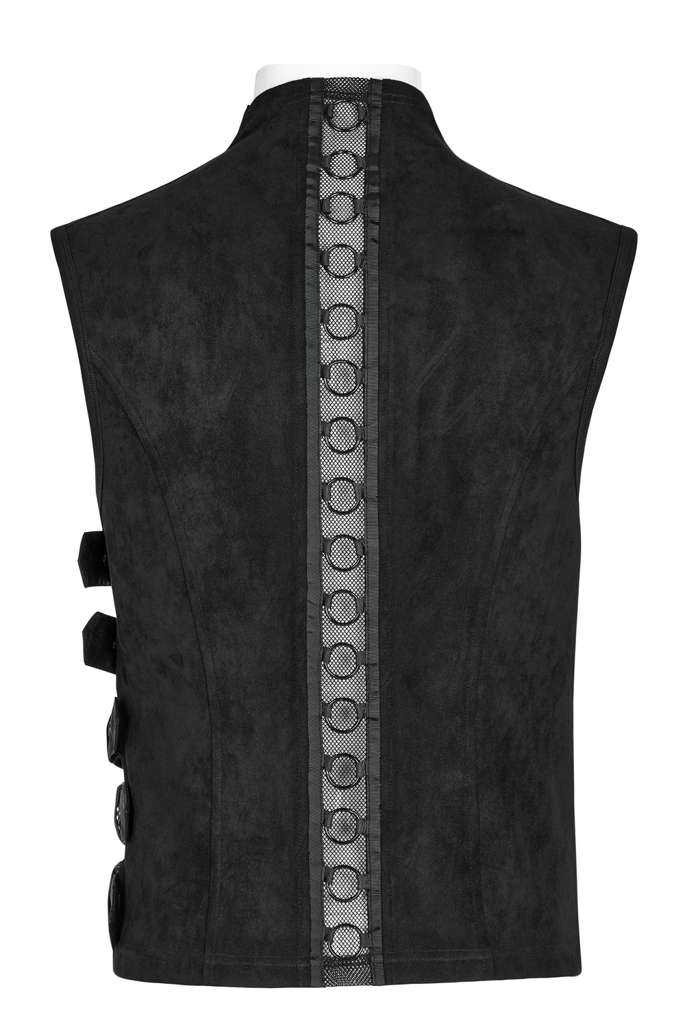 Back view of edgy black suede punk vest with buckle detailing and mesh splicing for men, showcasing stylish design.