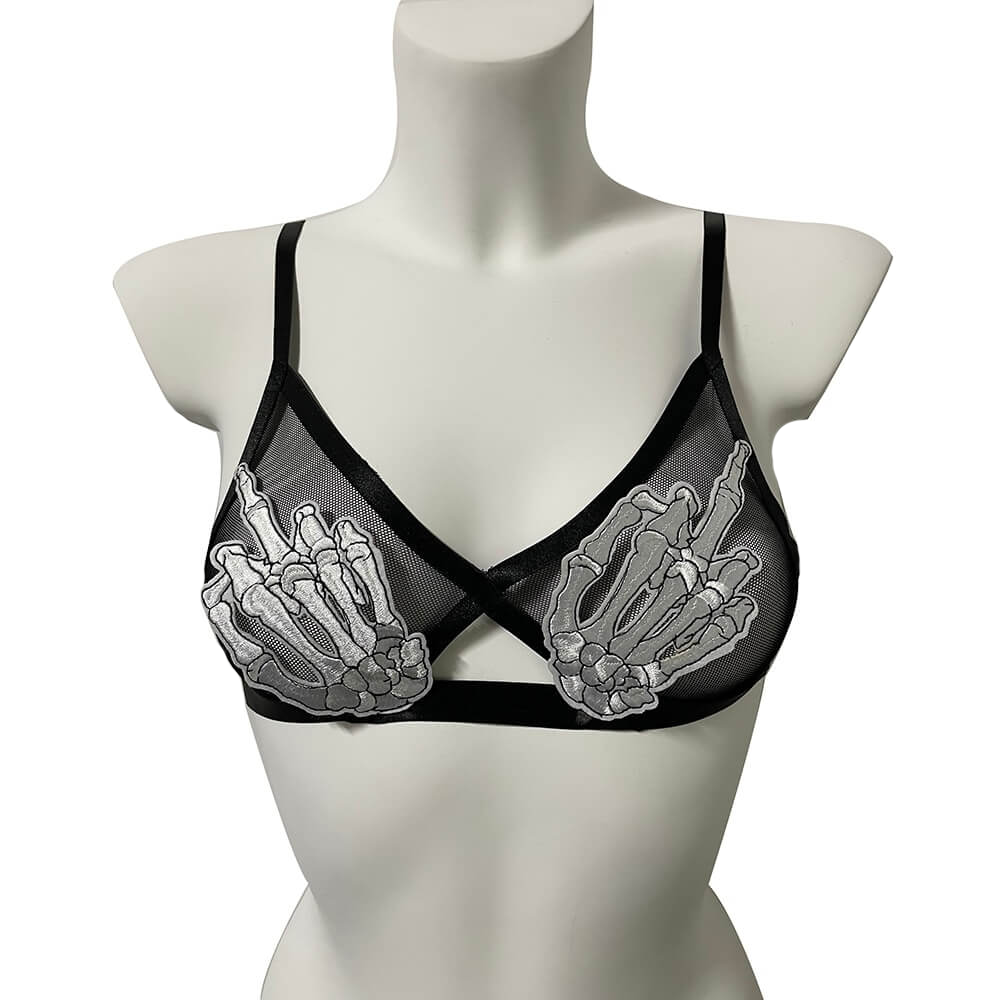 Sexy transparent bra with skeleton patches for a gothic erotic vibe, featuring adjustable straps for a personalized fit.