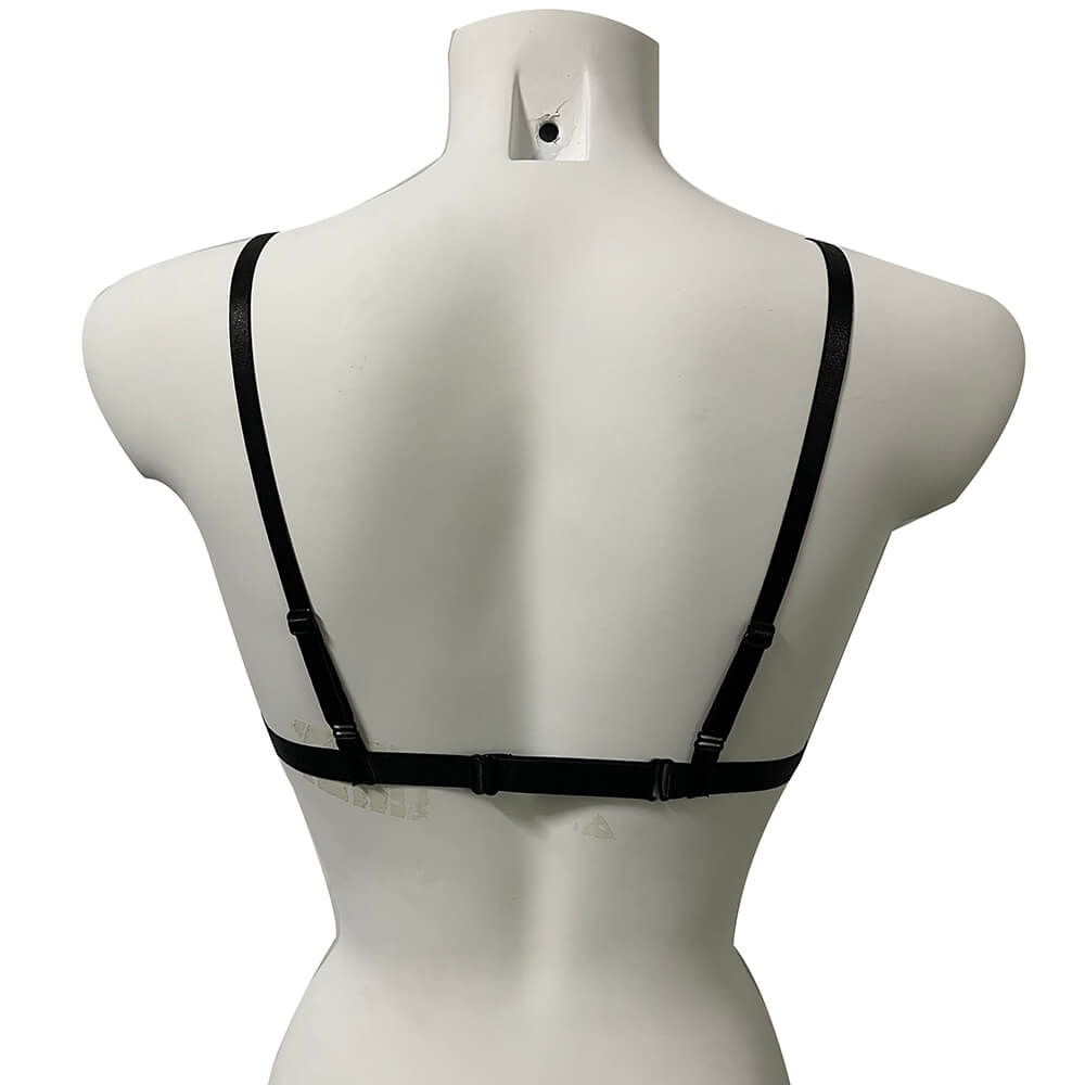 Back view of sexy transparent bra with adjustable straps and gothic skeleton design.