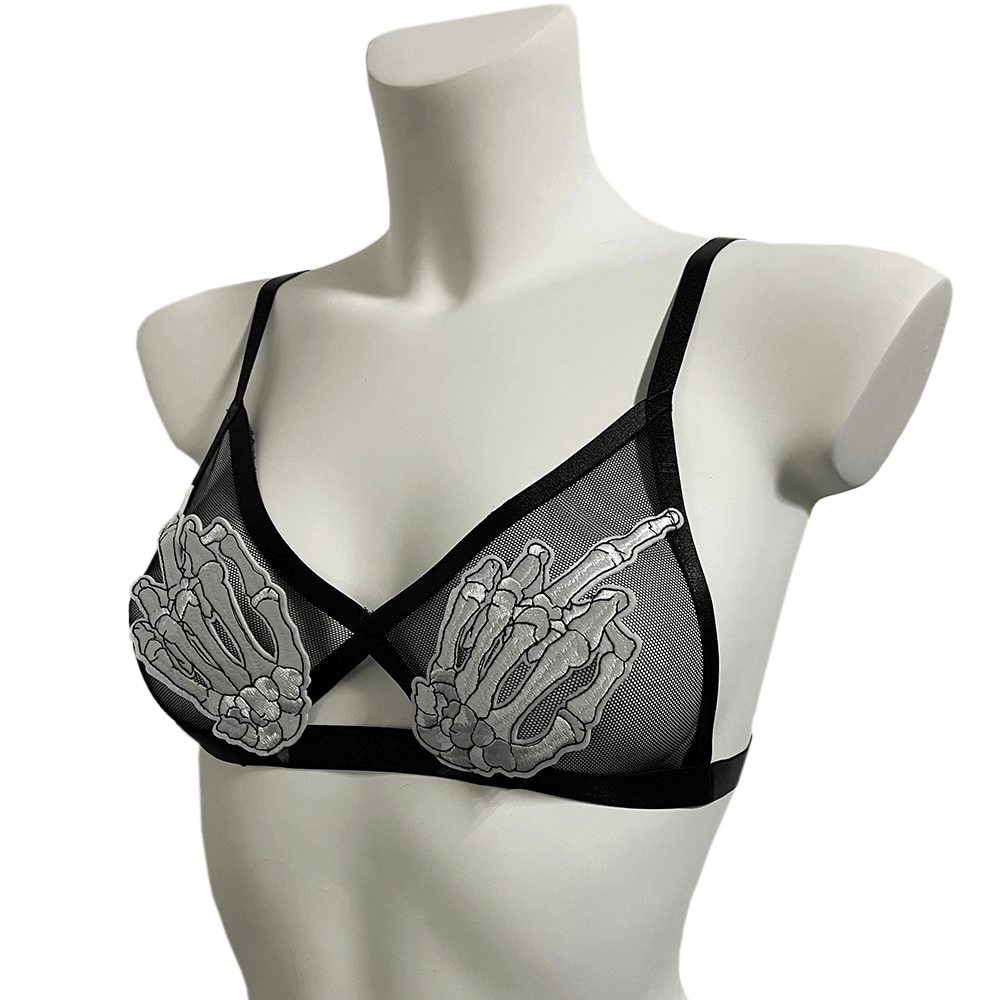 Sexy Transparent Bra With Skeleton Patchs / Gothic Erotic Women's Bras with Adjustable Straps - HARD'N'HEAVY