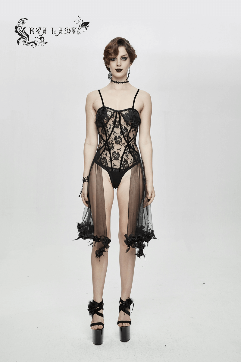 Gothic sexy transparent lace bodysuit with floral accents and straps, perfect for a seductive look.