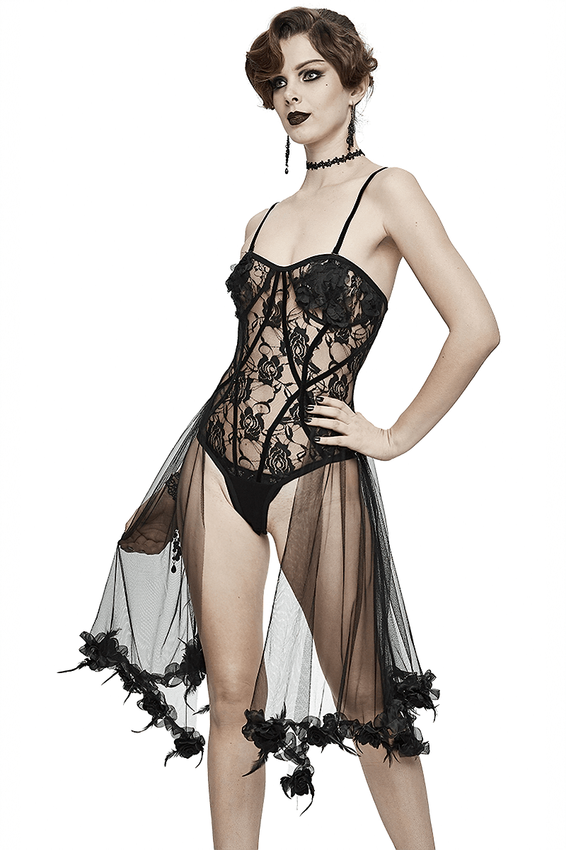 Sexy Transparent Lace Bodysuit With Straps / Gothic Body with Elastic Lace-up Back - HARD'N'HEAVY