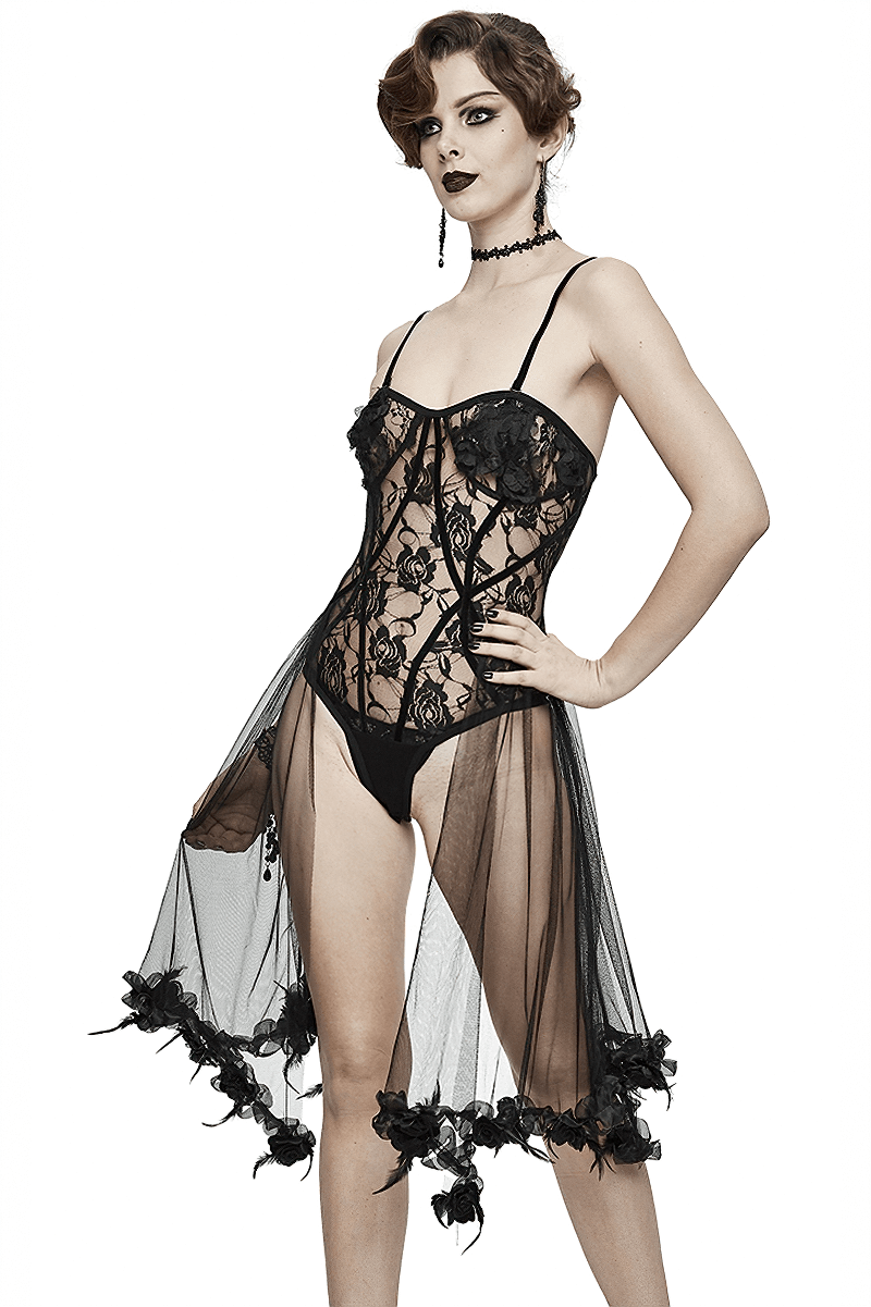 Gothic seductive transparent lace bodysuit with floral accents and straps for a flirty look.