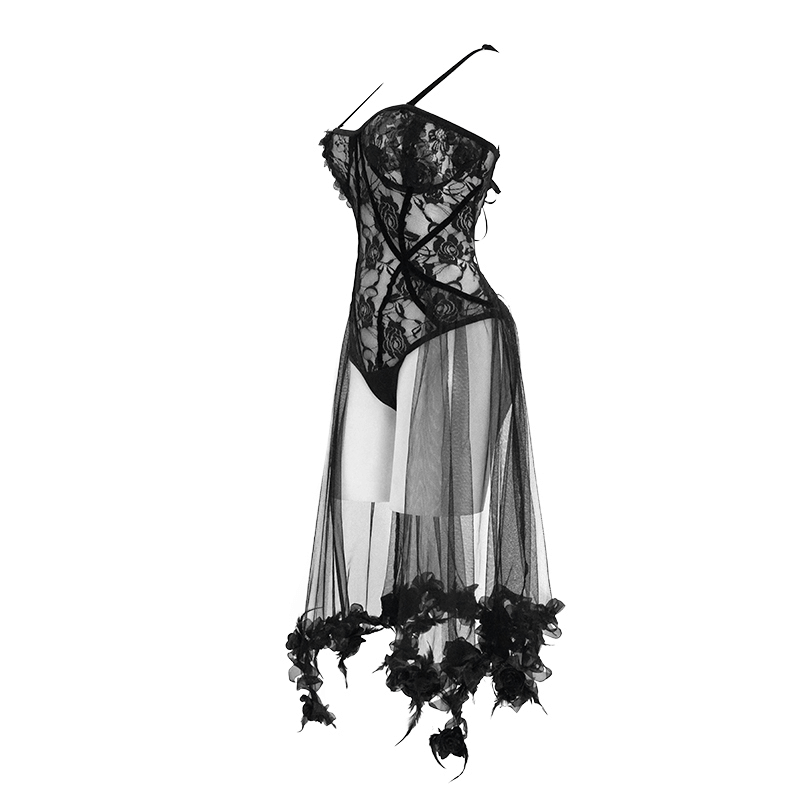 Gothic sexy transparent lace bodysuit with intricate floral detailing and elastic lace-up back.