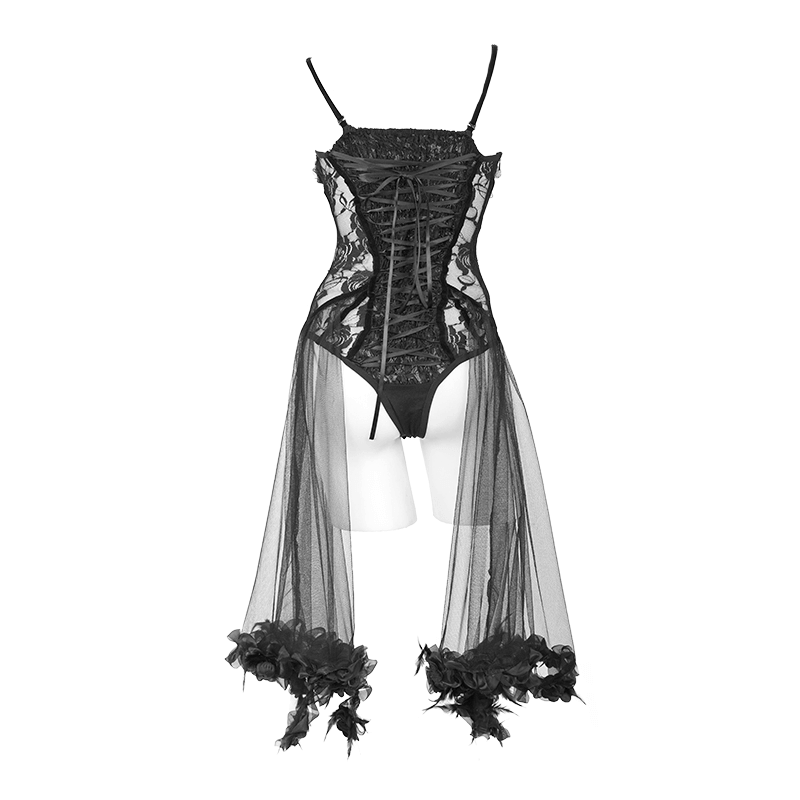 Sexy transparent lace bodysuit with straps and elastic lace-up back for gothic allure.