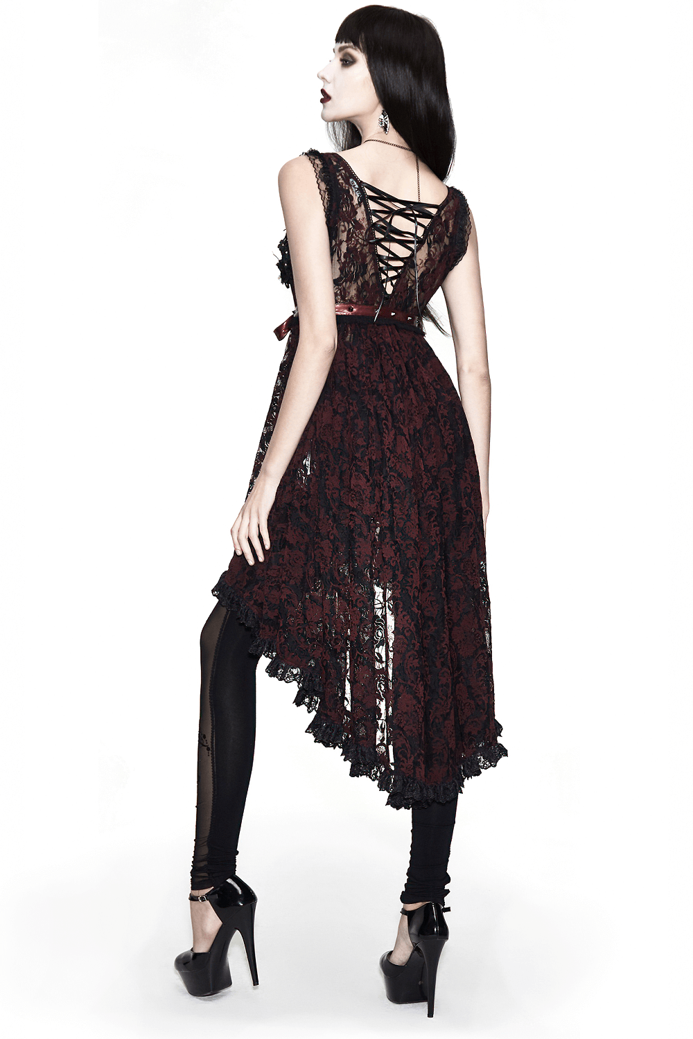 Back view of a sexy transparent black lace night dress with gothic lacing details, perfect for romantic nights.