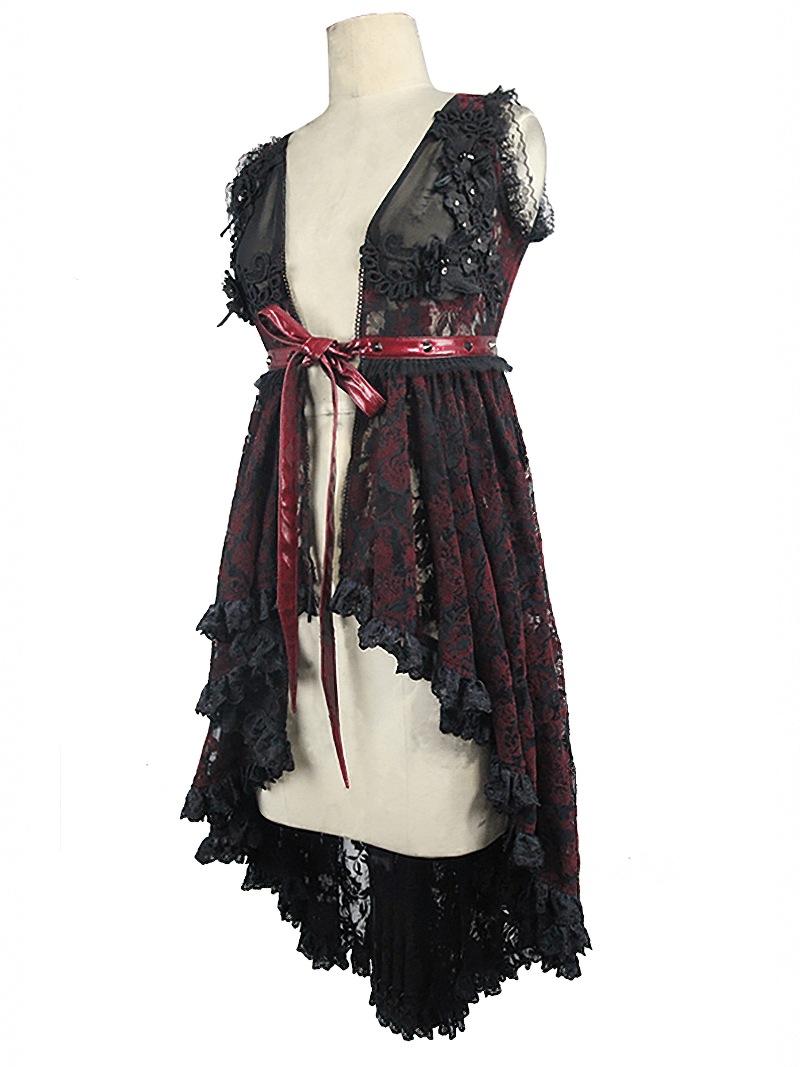 Elegant black lace night dress with red satin belt and gothic design, featuring a flowing silhouette and intricate lacing.