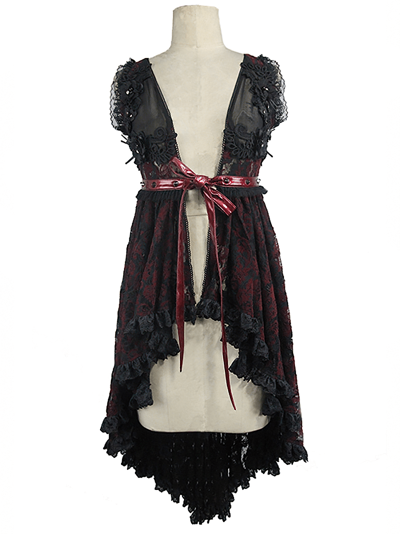 Elegant black and red lace night dress with lacing, high-low hem, and a satin ribbon belt, perfect for romantic gothic style.