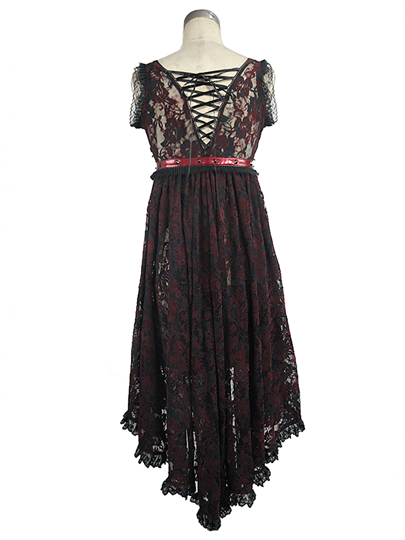 Elegant black and red gothic lace night dress with unique lacing at the back and a flowing skirt, perfect for a romantic night.